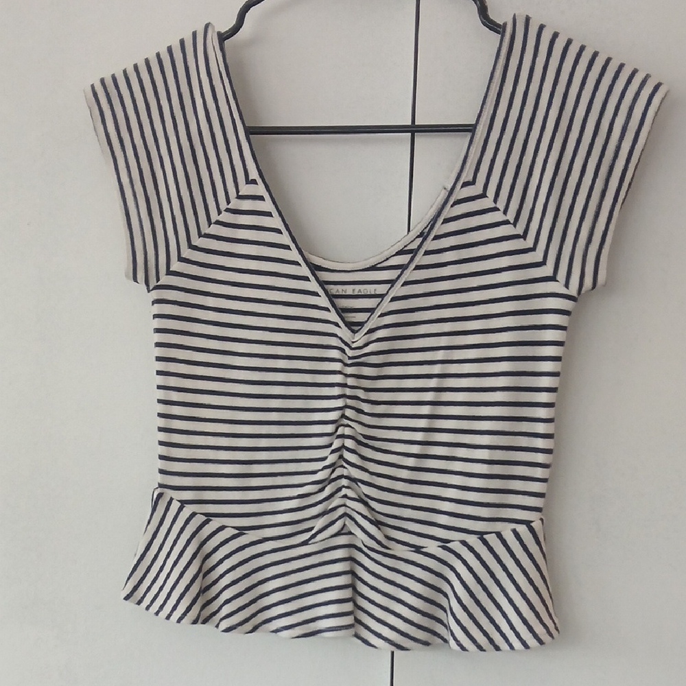 American Eagle Outfitters Blue and White Fitted Peplum Blouse